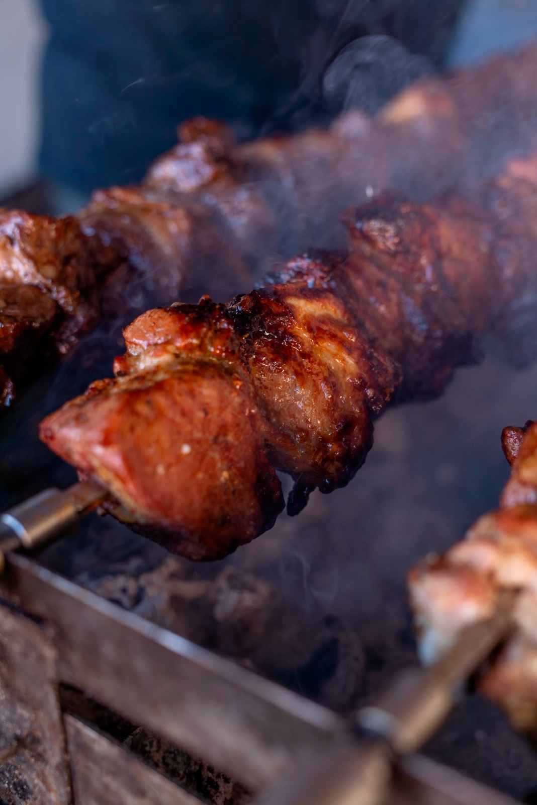 Close-up of charcoal roasted souvla